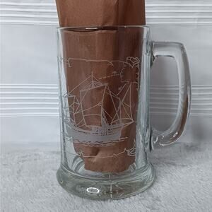 Long John Silver's Columbus Nautical Mug w/ Handle Etched Glass Beer Stein Pinta